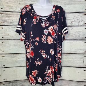 Maurices XXL Floral Criss Cross Tee Navy Red Stripe Sleeve Stretch Top